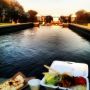 Having dinner waterside while listening to the Orestes rehearse. Just love the weather! #spring #collegelife