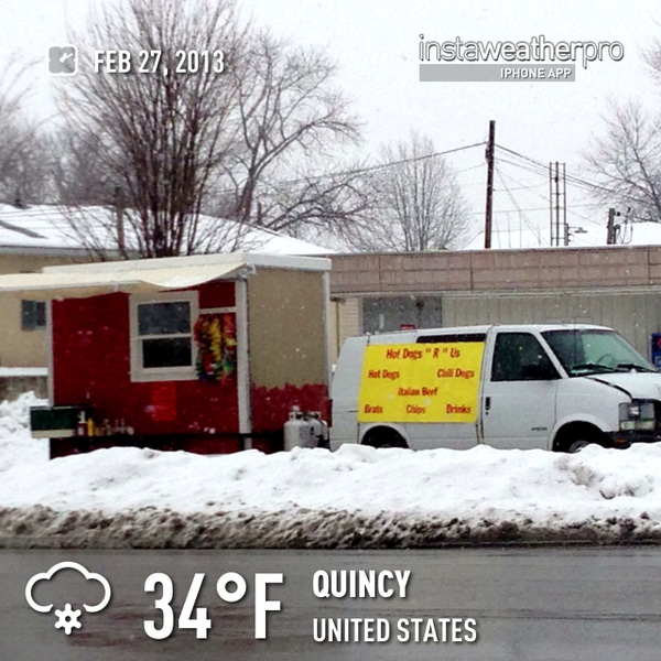 34 and snowing and this guy is trying to sell Hot Dogs. 